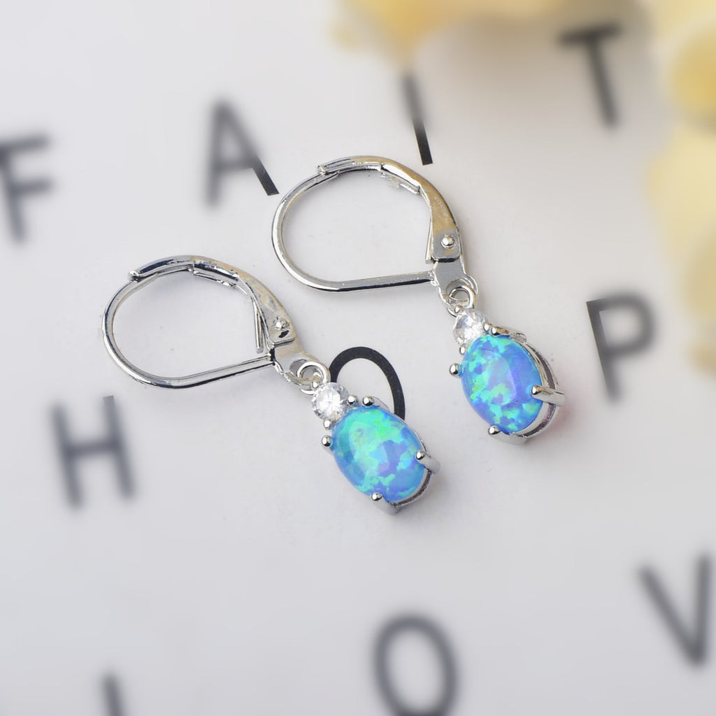 Oval Opal Leverback Drop Earrings, Silver & Rose Gold Plated