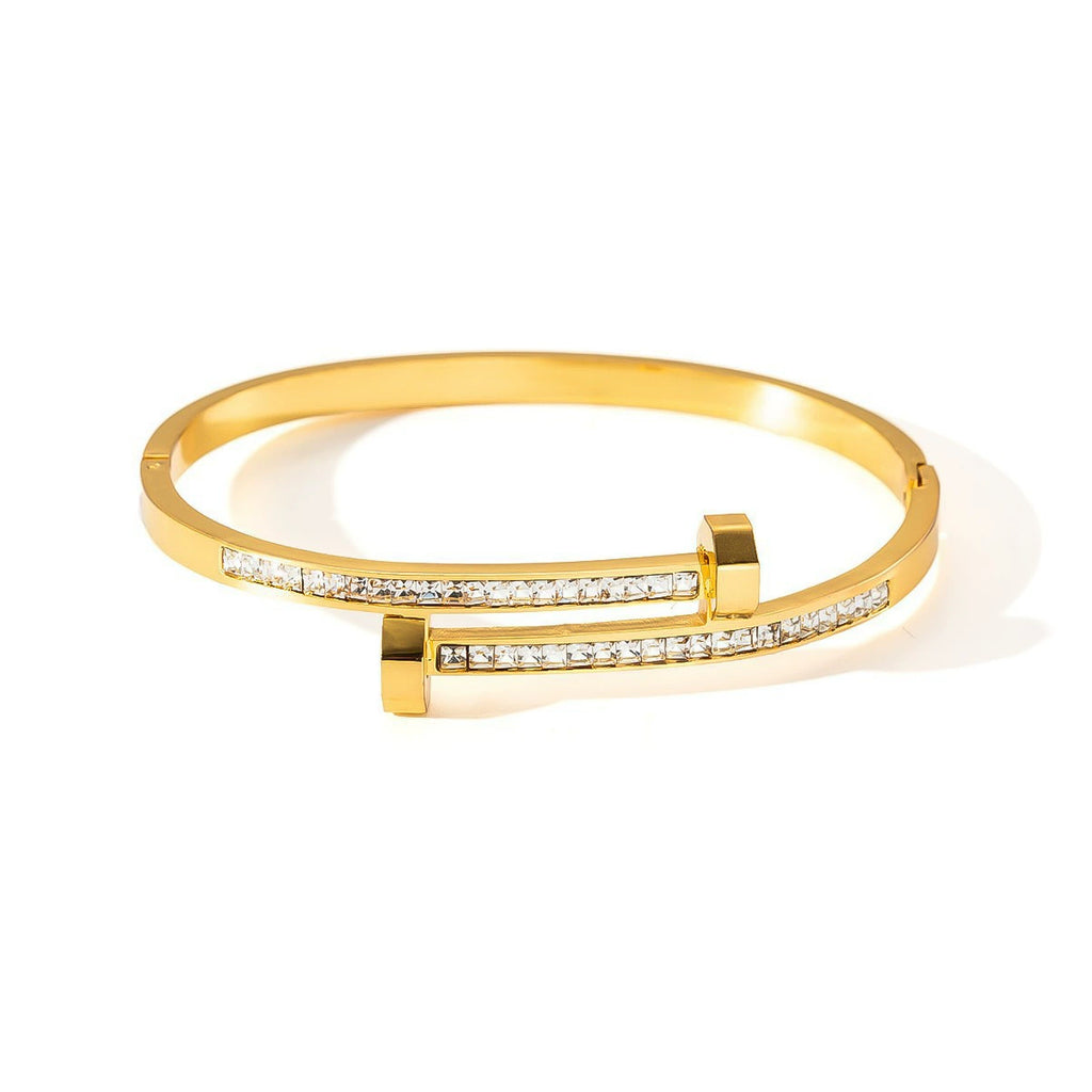 18K Gold Plated Titanium Steel Geometric Bangle Bracelet, Tarnish Resistant Cubic Zirconia Open Cuff Bracelet, Minimalist Waterproof Stackable Wrist Jewelry For Women
