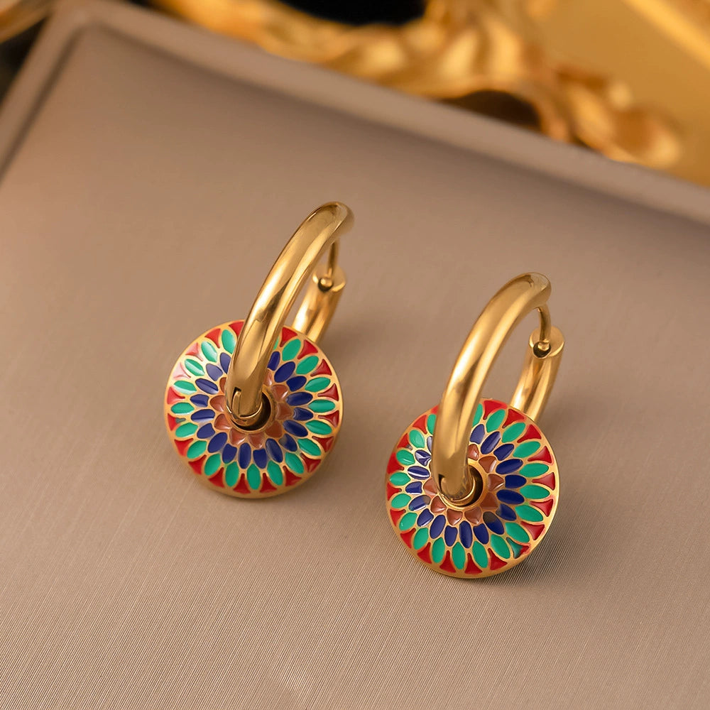 Vintage Enamel Disc Jewelry Set, Hypoallergenic Titanium Steel Hoop Earring & Necklace Set