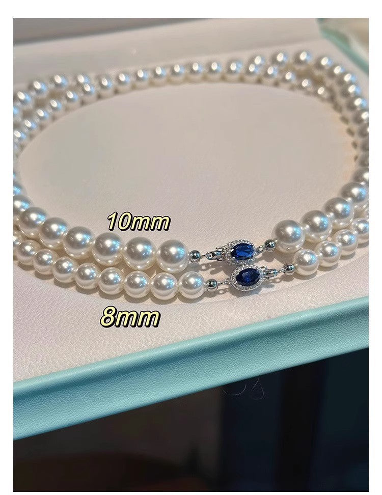 High Luster Natural Australian Mother of Pearl Necklace, 925 Sterling Silver Sapphire Inlaid Clasp, 45CM Single Strand Round Shell Pearl Choker, Elegant Vintage Pearl Jewelry for Wedding Party Daily Outfit Gift for Women