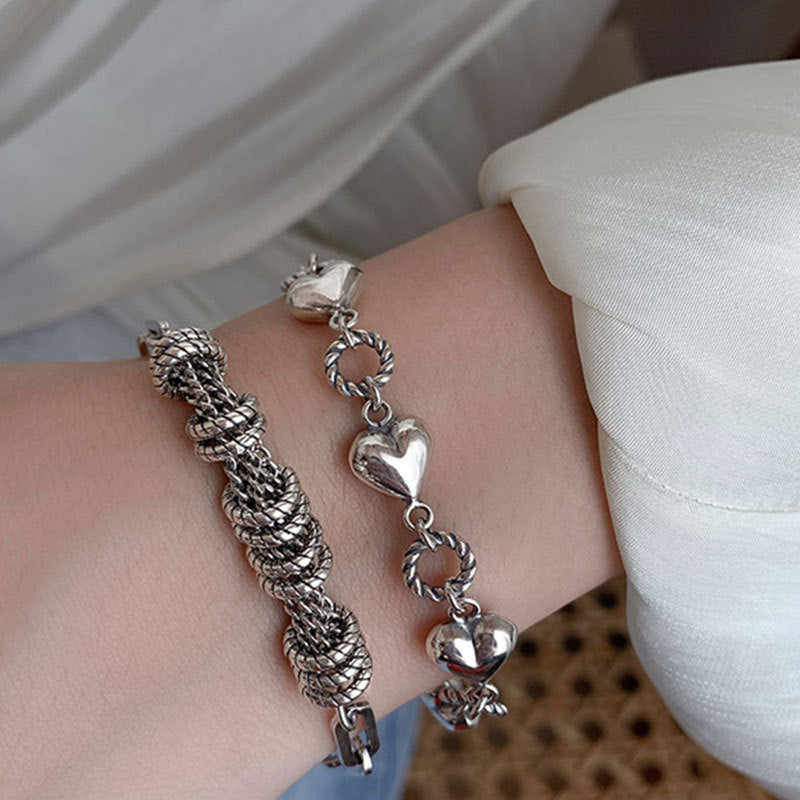 2 Styles S925 Sterling Silver Vintage Bracelet Set, Polished Heart Twisted Link Chain & Textured Coil Tassel Rectangular Paperclip Wrist Chain Adjustable Extension Jewelry for Women