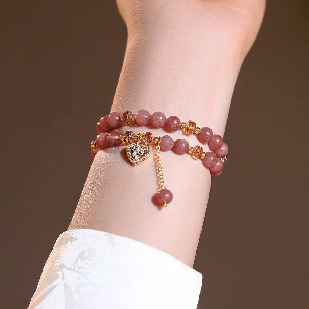 Double Strand Natural Strawberry Quartz Beaded Stretch Bracelet, Paved Crystal Heart Charm Dainty Stackable Wrist Jewelry for Women Valentine Daily Dating