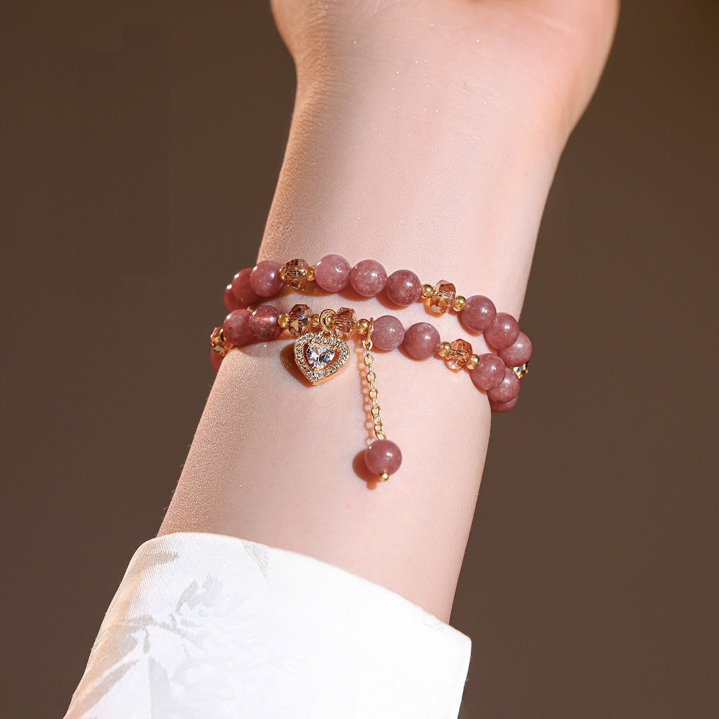Double Strand Natural Strawberry Quartz Beaded Stretch Bracelet, Paved Crystal Heart Charm Dainty Stackable Wrist Jewelry for Women Valentine Daily Dating