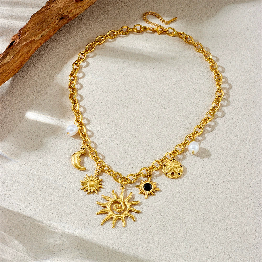 18K Gold Plated Stainless Steel Sun Moon Starfish Pearl Charm Choker Necklace, 41+6cm Adjustable Chunky Chain Necklace