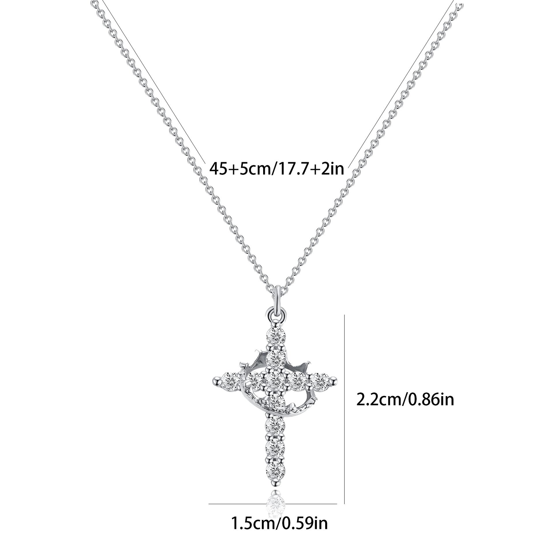 18K Gold Plated Rotatable Crown Cross Pendant Necklace, Stainless Steel Full Paved Cubic Zirconia Adjustable Chain 45+5cm