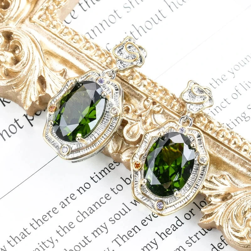 Retro Baroque Olive Green Peridot Crystal Earrings 925 Silver Stud Antique Textured Bi-Color Metal Inlaid Mini Zircon Formal Wedding Banquet Drop Earrings