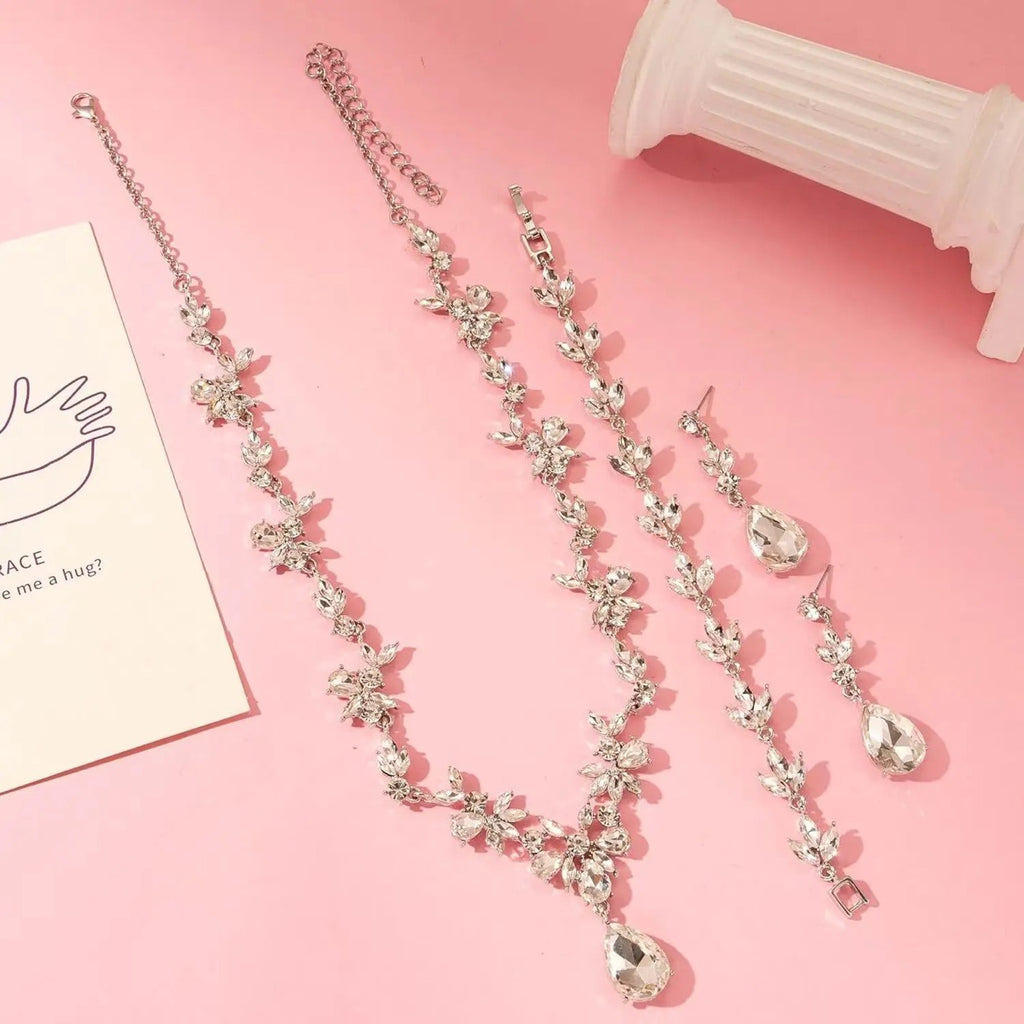 Crystal Floral Jewelry Set: Necklace, Earrings & Bracelet