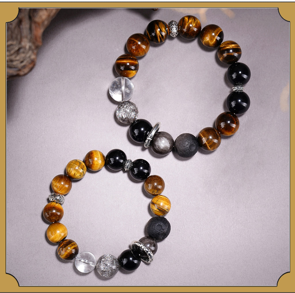 Yellow Tiger Eye Stone Silver Obsidian Planet Bracelet for Couple, Natural Crystal Volcanic Lava Rock Stretch Bracelet, Luck Wealth Protection Jewelry for Him Her