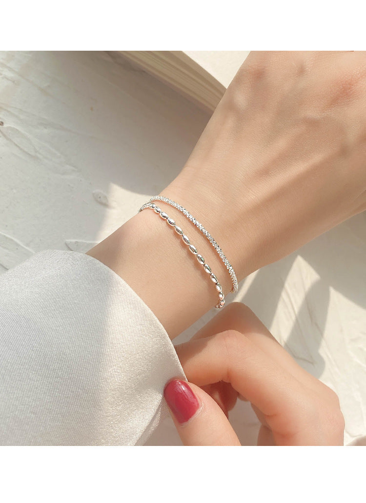 S925 Sterling Silver Double Layer Bracelet, Sparkling Starry Sky Rice Bead Two-Strand Dainty Stack Wrist Chain with Adjustable Extension Chain for Women Minimalist Daily Jewelry