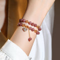 Double Strand Natural Strawberry Quartz Beaded Stretch Bracelet, Paved Crystal Heart Charm Dainty Stackable Wrist Jewelry for Women Valentine Daily Dating