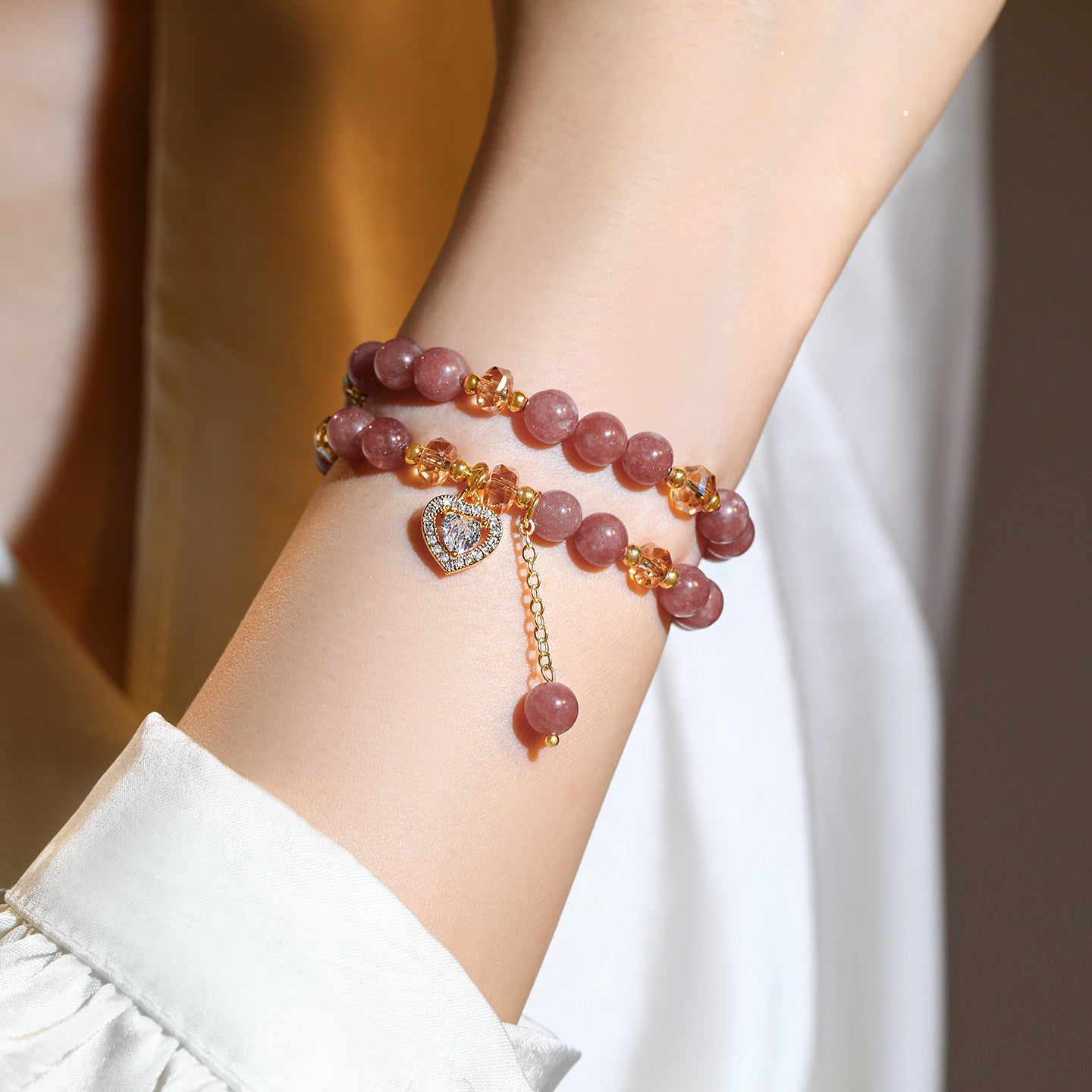 Double Strand Natural Strawberry Quartz Beaded Stretch Bracelet, Paved Crystal Heart Charm Dainty Stackable Wrist Jewelry for Women Valentine Daily Dating