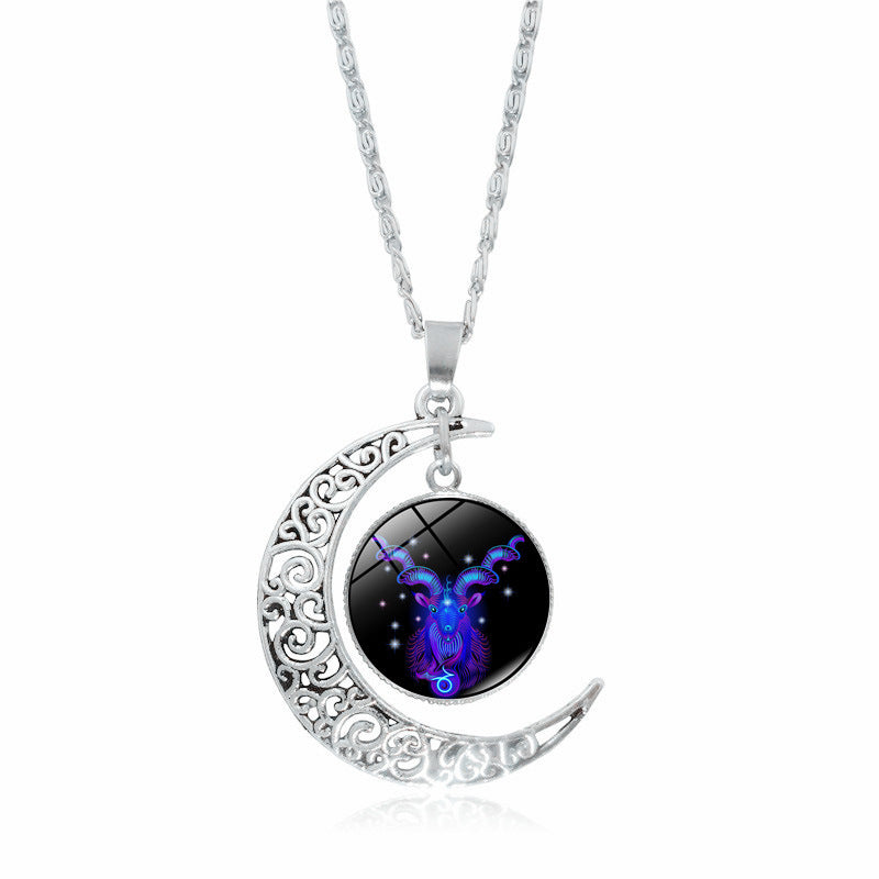 Stainless Steel 12 Constellation Crescent Moon Glass Pendant Necklace noctilucent, Zodiac Sign Time Gem Necklace for man women