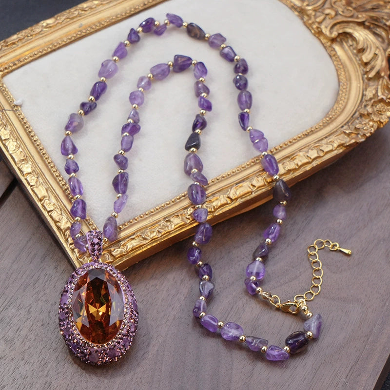 Color Changing Purple Sultan Stone Pendant Sweater Necklace Natural Amethyst Chip Beaded Chain Gold Plated Rhinestone Halo Women Luxury Jewelry