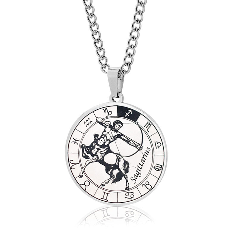 12 Zodiac Sign Stainless Steel Pendant Necklace Engraved Horoscope Coin 60cm Curb Chain Unisex Gift