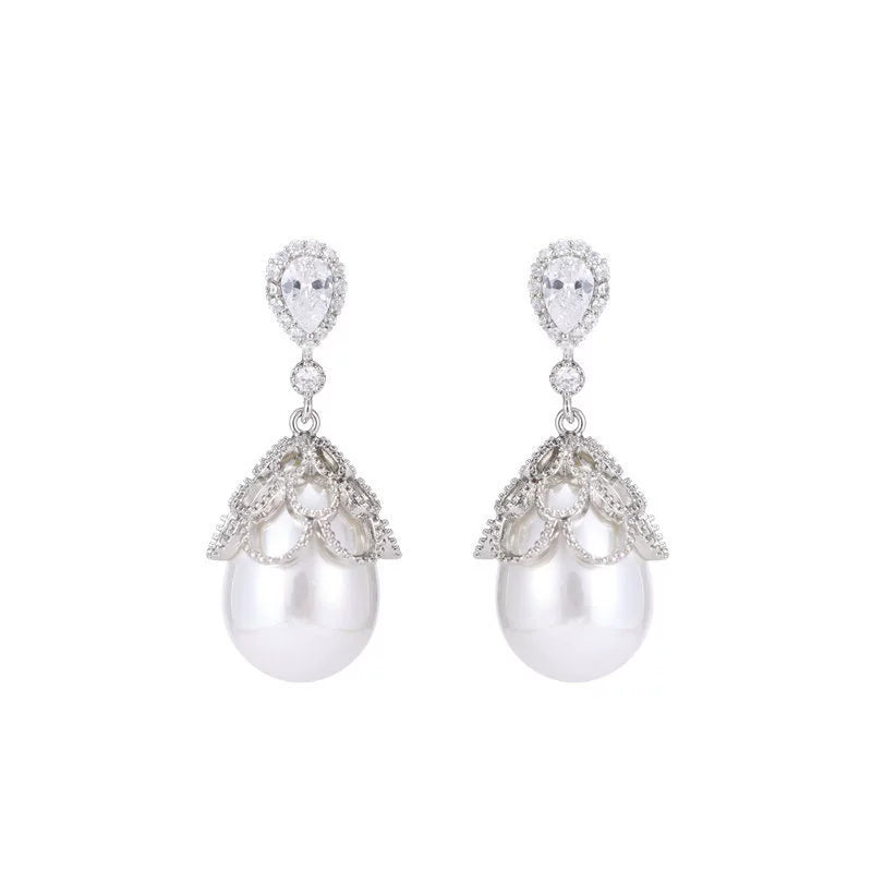 Boucles d'oreilles pendantes en forme de goutte, en dentelle, avec perles et oxyde de zirconium AAA+, hypoallergéniques