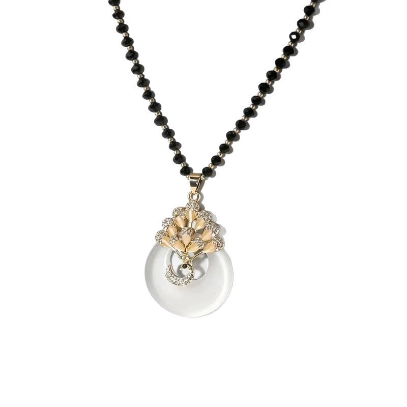 80cm Long Vintage White Jade Peace Donut Peacock Pendant Sweater Necklace Black Faceted Crystal Bead Chain Gold Plated Chinese Ethnic Layering Jewelry For Women