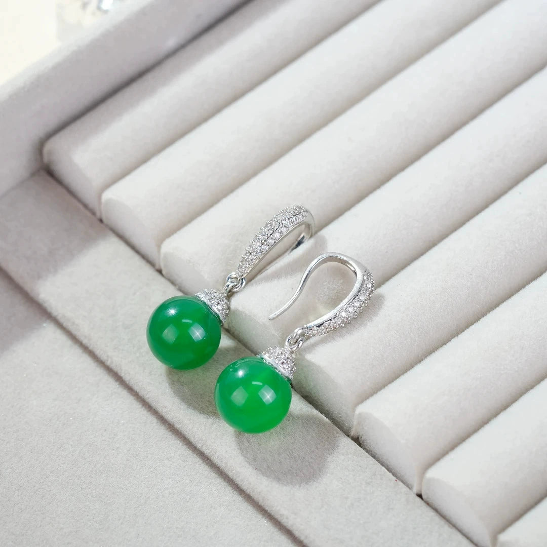 Vintage Natural Green Agate Chalcedony Ball Drop Earrings Paved Clear CZ Hook Dangle Earrings Silver Plated Chinese Style Elegant Daily Wedding Jewelry For Women