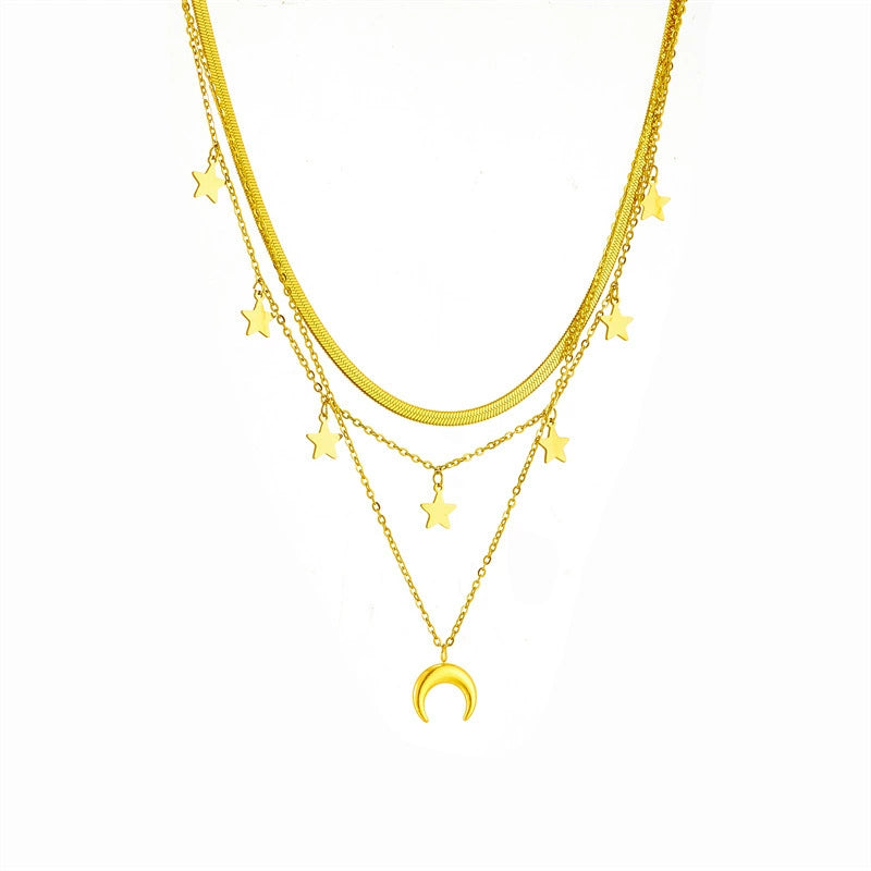 18K Gold Plated Stainless Steel Multi Layer Star Moon Necklace, Tarnish Resistant Dainty Stackable Crescent Star Pendant Necklace For Women