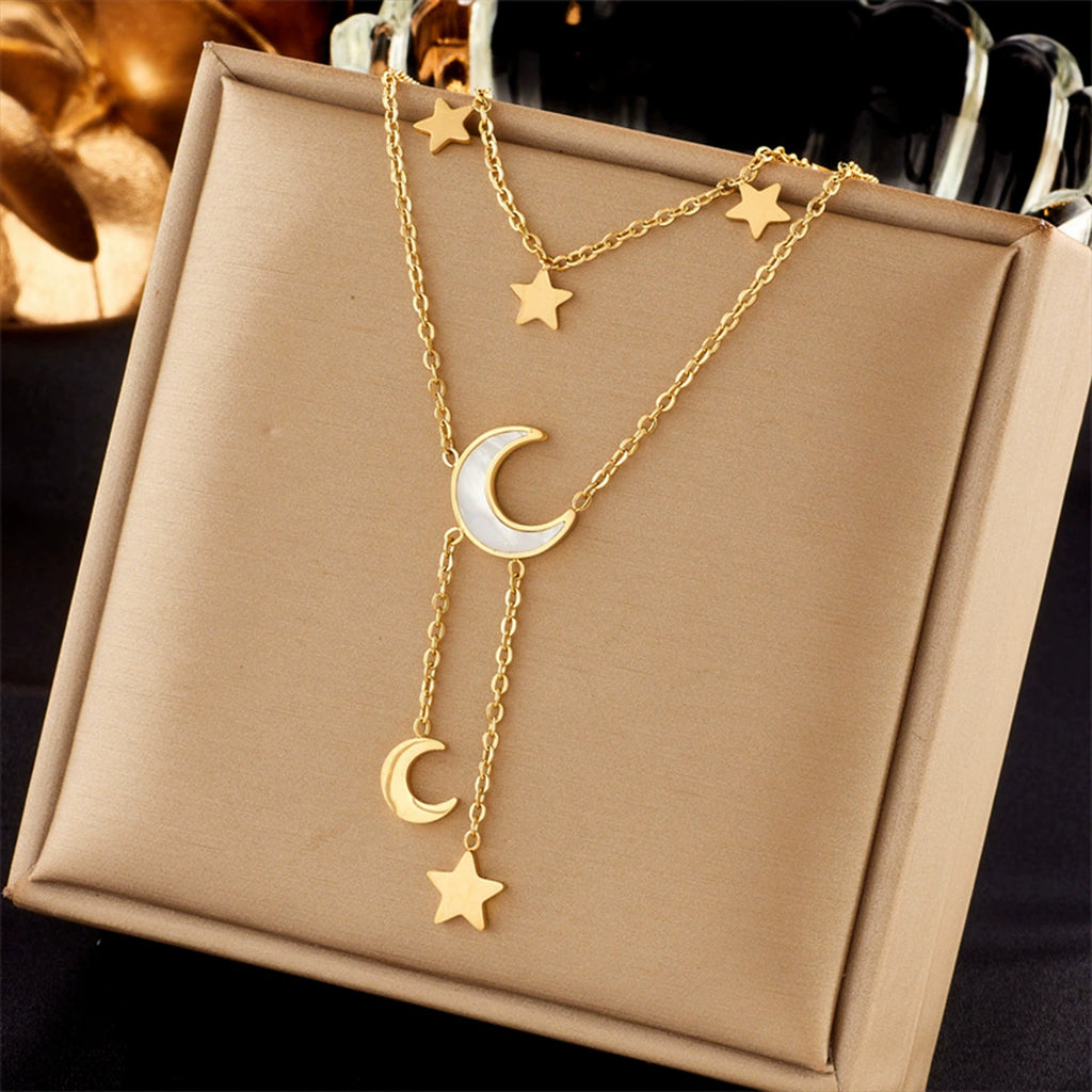 Double Layer Star Moon Titanium Steel Necklace, Shell Inlay Hypoallergenic Layering Choker
