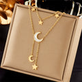 Double Layer Star Moon Titanium Steel Necklace, Shell Inlay Hypoallergenic Layering Choker