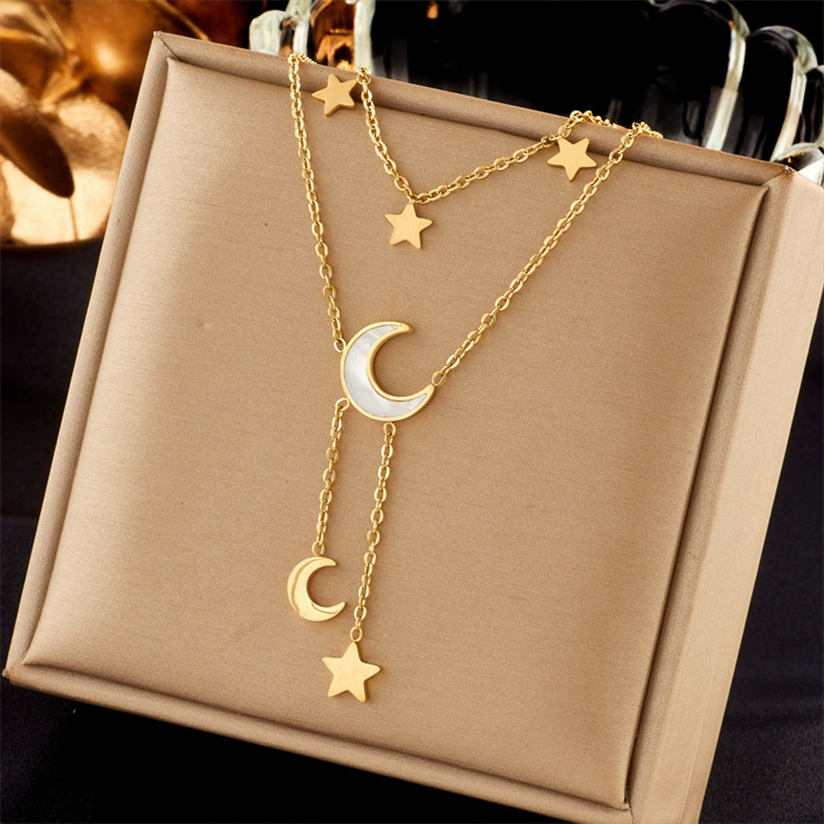 Double Layer Star Moon Titanium Steel Necklace, Shell Inlay Hypoallergenic Layering Choker