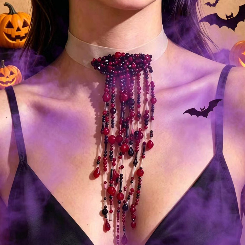 Gothic Blood Red Waterfall Tassel Choker, Vampire Beaded Drop Necklace, Dark Halloween Costume Accessory, Black Red Teardrop Crystal Fringe Choker for Cosplay Party