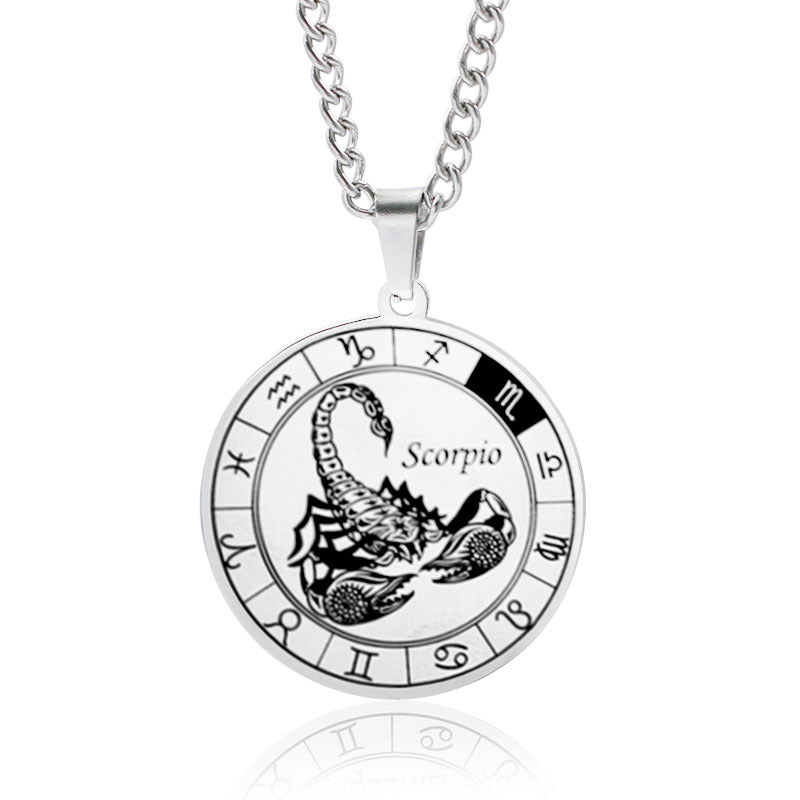 12 Zodiac Sign Stainless Steel Pendant Necklace Engraved Horoscope Coin 60cm Curb Chain Unisex Gift