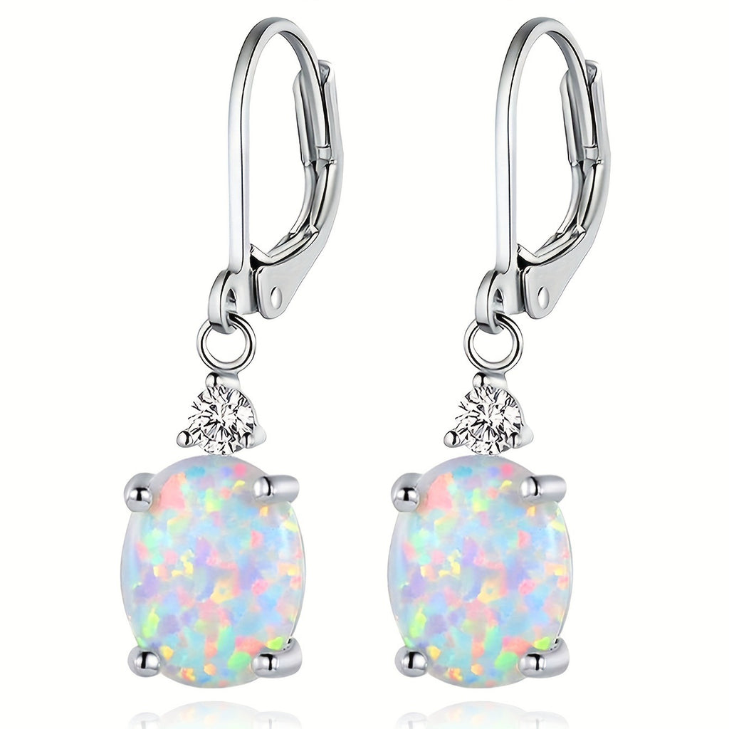 Oval Opal Leverback Drop Earrings, Silver & Rose Gold Plated