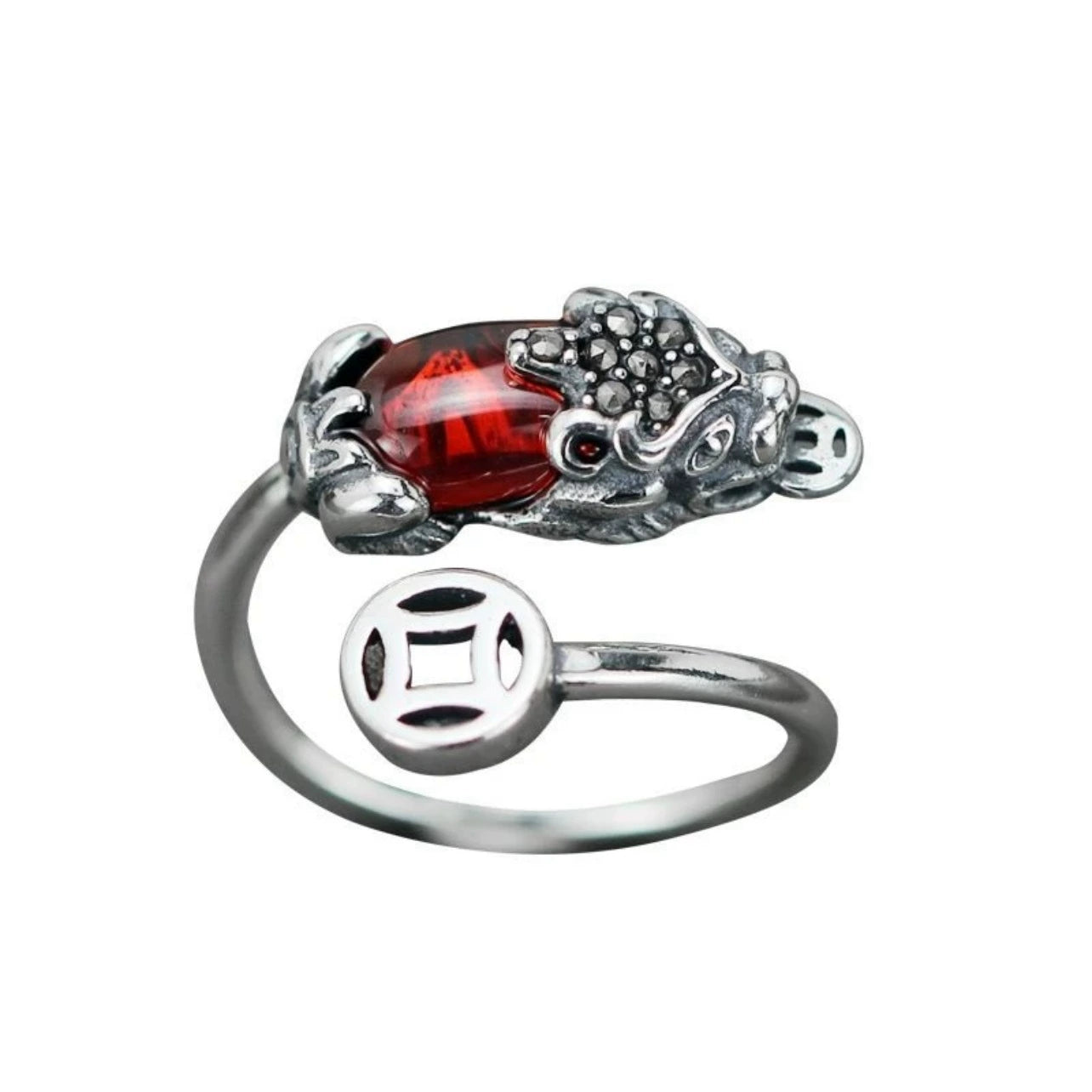Vintage Pixiu Garnet Open Adjustable Ring, Chinese Lucky Coin Wealth Feng Shui Silver Tone Ring for Women Men