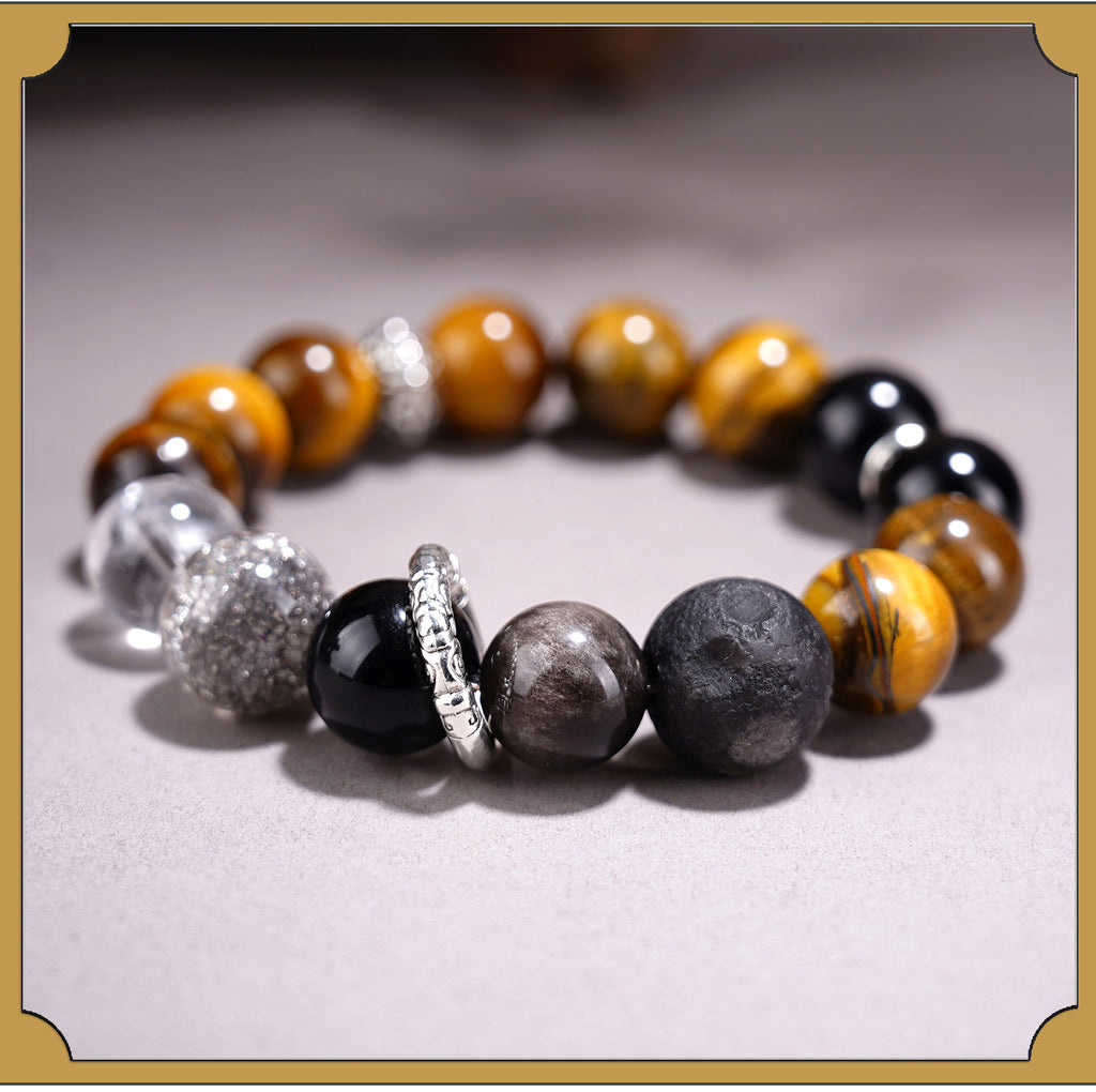 Yellow Tiger Eye Stone Silver Obsidian Planet Bracelet for Couple, Natural Crystal Volcanic Lava Rock Stretch Bracelet, Luck Wealth Protection Jewelry for Him Her