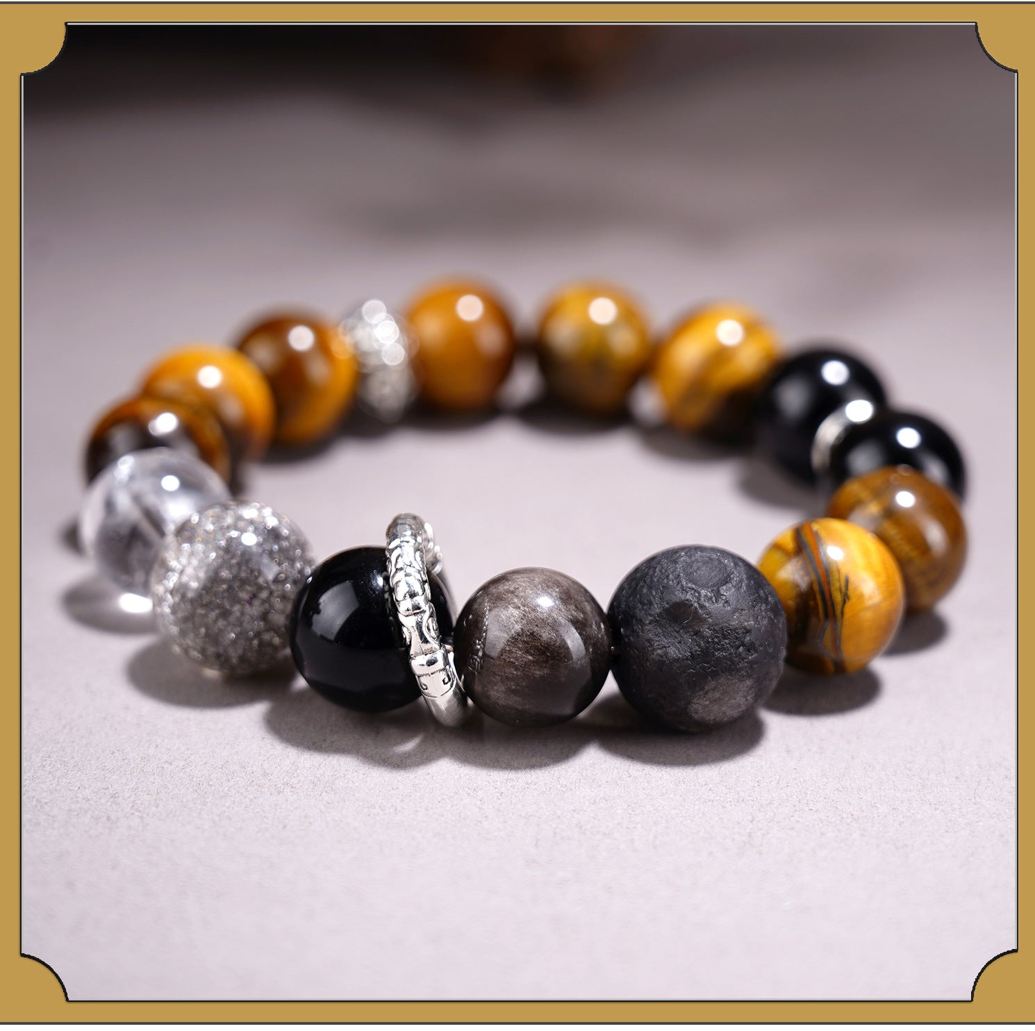 Yellow Tiger Eye Stone Silver Obsidian Planet Bracelet for Couple, Natural Crystal Volcanic Lava Rock Stretch Bracelet, Luck Wealth Protection Jewelry for Him Her