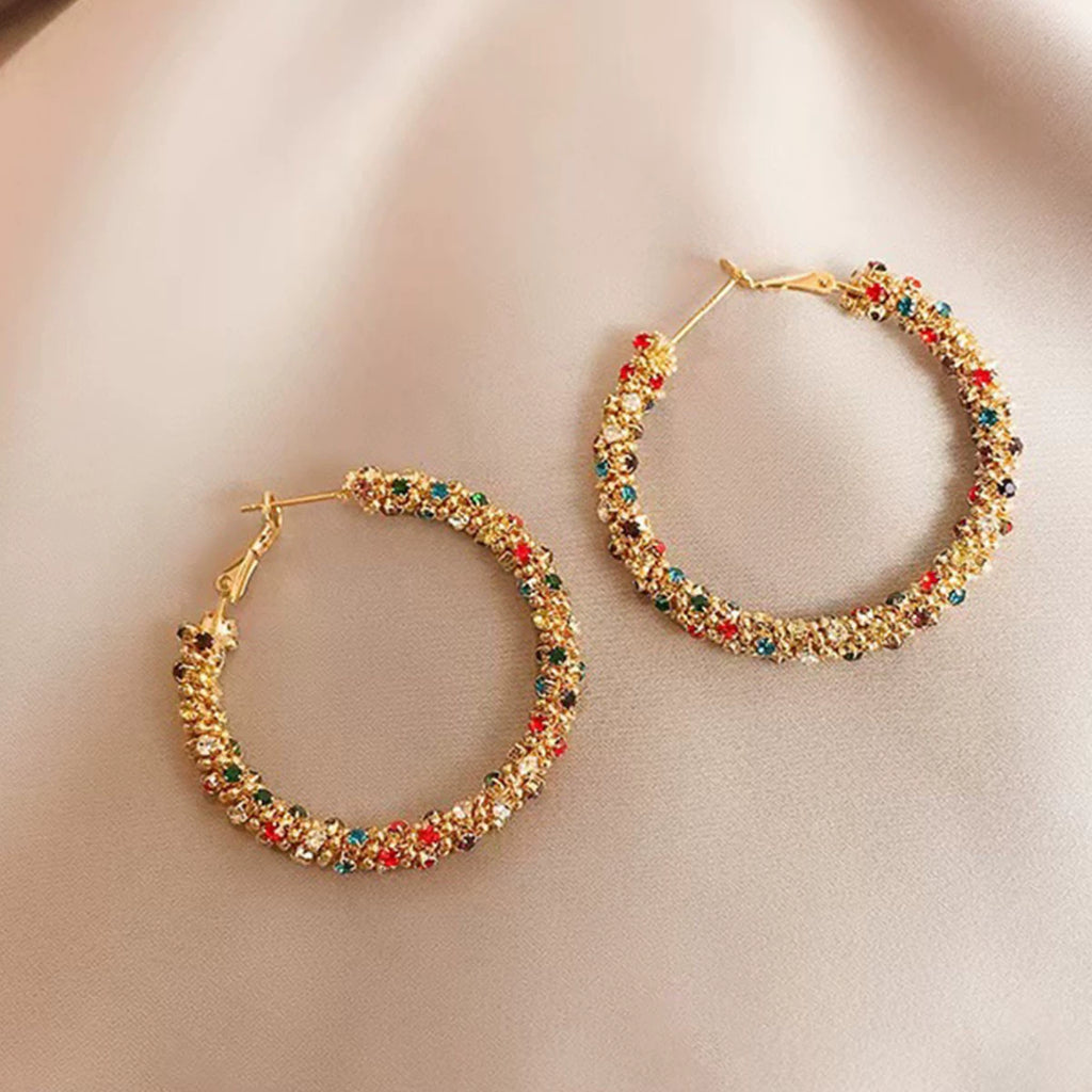 Colorful Rhinestone Hoop Earrings, Hypoallergenic Large Circle Crystal Ear Jewelry