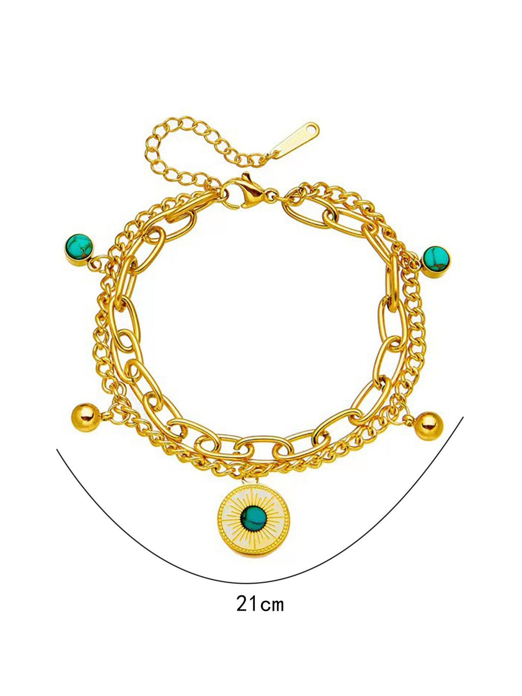 18K Gold Plated Stainless Steel Double Layer Turquoise Sun Coin Bracelet, Tarnish Resistant Boho Vintage Stackable Charm Bracelet For Women