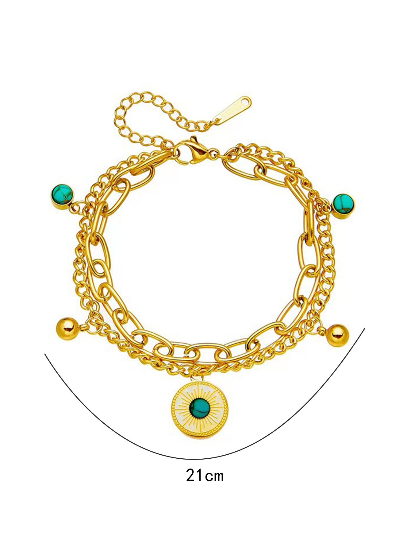 18K Gold Plated Stainless Steel Double Layer Turquoise Sun Coin Bracelet, Tarnish Resistant Boho Vintage Stackable Charm Bracelet For Women