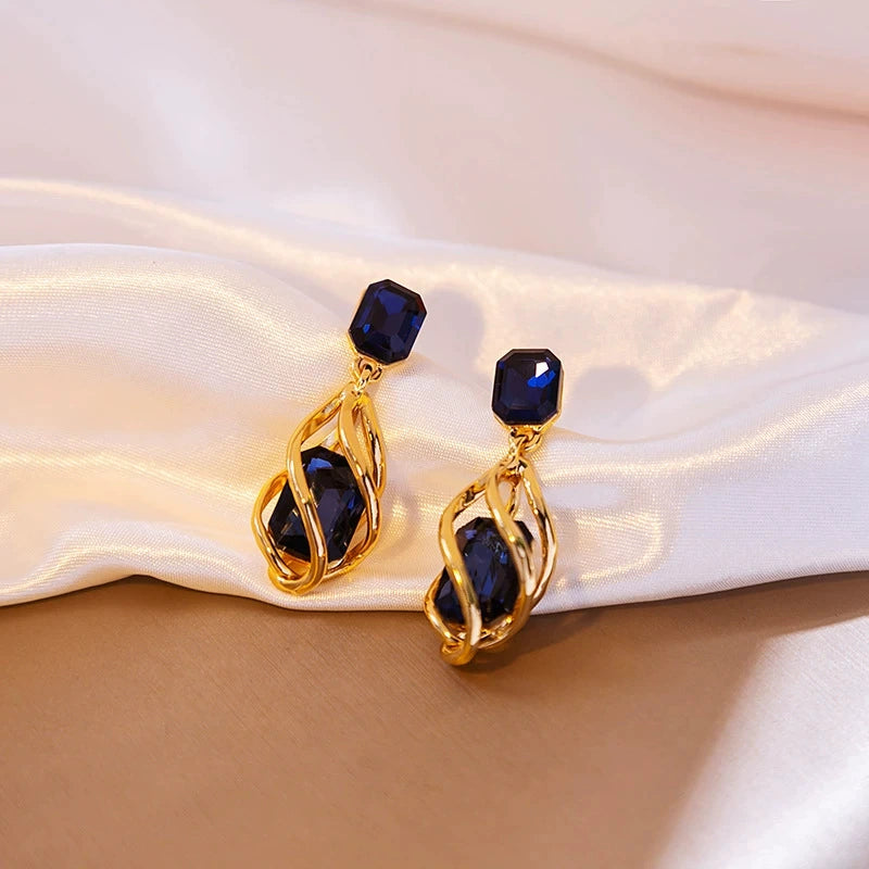 Twisted Spiral Wire Wrapped Sapphire Blue Crystal Drop Earrings 925 Sterling Silver Post Gold Plated Dangle Earrings Elegant Evening Party Jewelry For Women