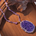 Vintage Hollow Carved Phoenix Floral Oval Pendant Necklace Natural Irregular Amethyst Chip Beaded Chain Purple Rhinestone & Pearl Border Gold Plated Women Chinese Style Sweater Necklace