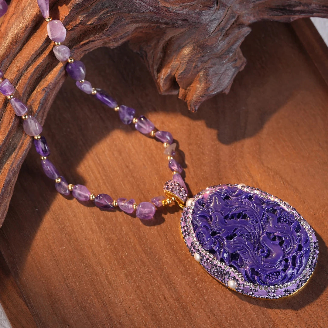 Vintage Hollow Carved Phoenix Floral Oval Pendant Necklace Natural Irregular Amethyst Chip Beaded Chain Purple Rhinestone & Pearl Border Gold Plated Women Chinese Style Sweater Necklace