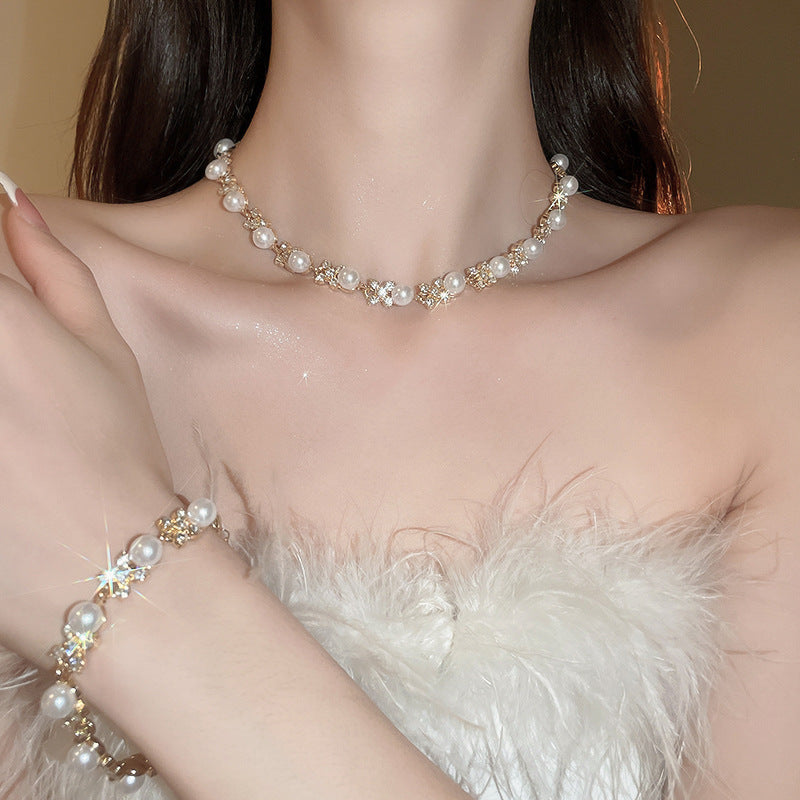 Gold Plated Alloy Pearl Rhinestone Jewelry Set, French Floral Crystal Round Pearl Necklace Bracelet Drop Earrings Matching Set For Women Wedding Party