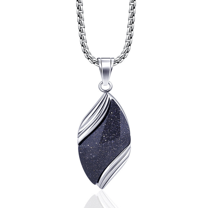 Unisex Titanium Steel Leaf Pendant Necklace Natural Blue Sandstone & Black Onyx Box Chain Men Women Jewelry
