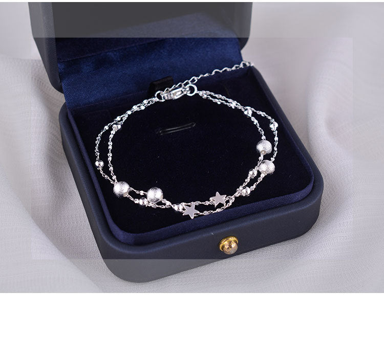 S925 Sterling Silver Double Layer Star Bracelet, Dainty Two-Strand Wrist Chain with Matte Frosted Silver Beads & Tiny Five-Pointed Star Charms Adjustable Extension Chain Minimalist Jewelry Gift for Women