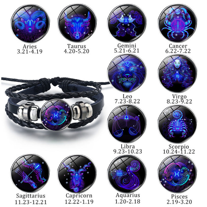 12 Constellation Luminous Braided Leather Bracelet, Adjustable Zodiac Sign Glow In The Dark Wristband For Men Women