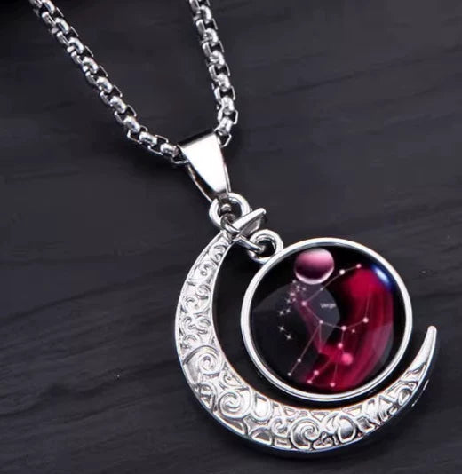 Stainless Steel 12 Constellation Crescent Moon Glass Pendant Necklace noctilucent, Zodiac Sign Time Gem Necklace for man women
