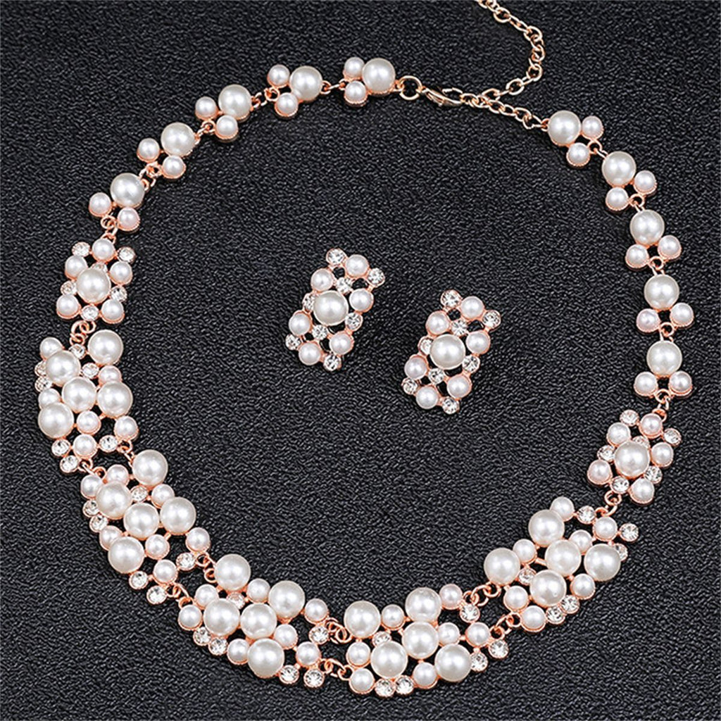 Multi-Size Faux Pearl Rhinestone Choker Jewelry Set, Necklace & Stud Earrings
