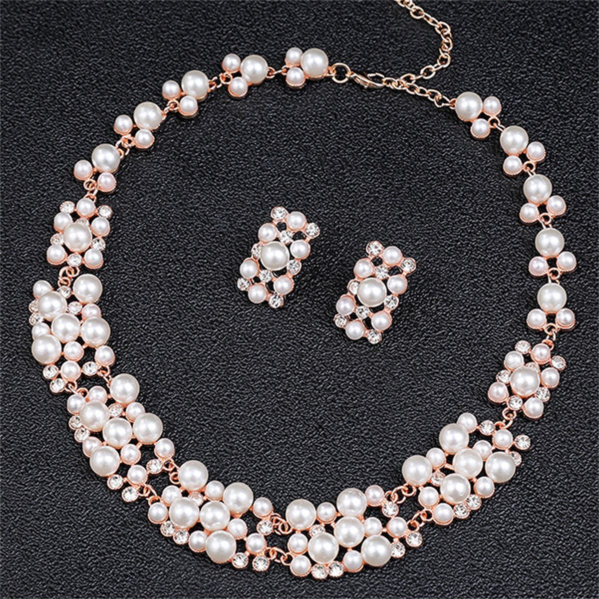 Multi-Size Faux Pearl Rhinestone Choker Jewelry Set, Necklace & Stud Earrings