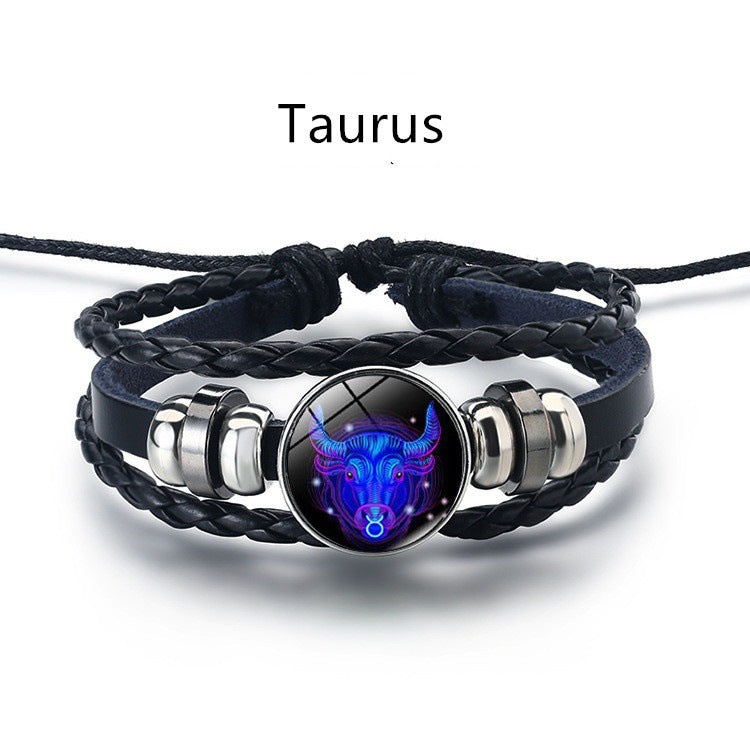 12 Constellation Luminous Braided Leather Bracelet, Adjustable Zodiac Sign Glow In The Dark Wristband For Men Women