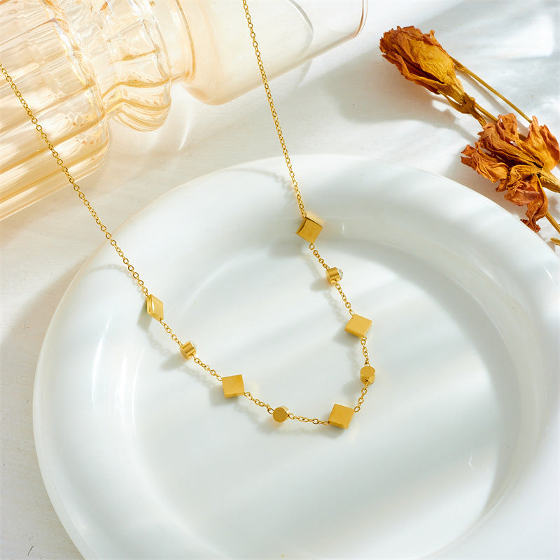 18K Gold Plated Stainless Steel Square Simulated Emerald Crystal 2Pcs Jewelry Set, Tarnish Resistant Dainty Clavicle Necklace & Adjustable Bracelet Set For Women
