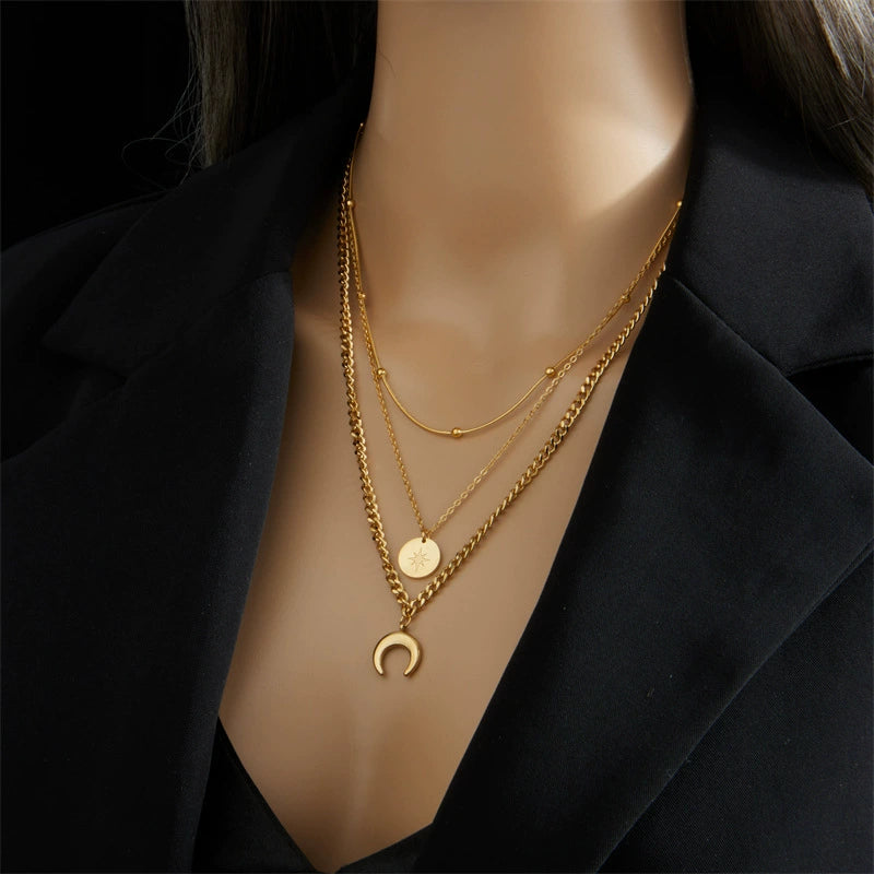 18K Gold Plated Stainless Steel 3 Layered Stackable Necklace, Celestial Star Disc & Moon Pendant Adjustable Chain