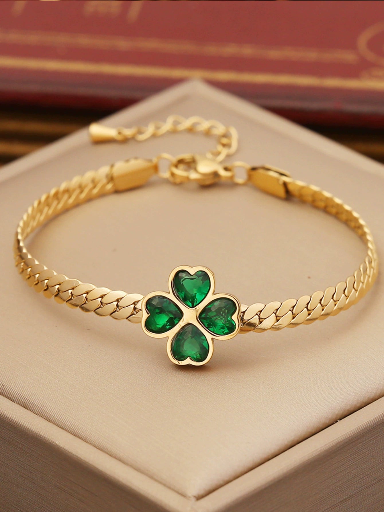 18K Gold Plated Stainless Steel Four Leaf Clover Jewelry Set, Tarnish Resistant Heart Emerald Zircon Cuban Chain Necklace Bracelet Hoop Earrings Set For Women