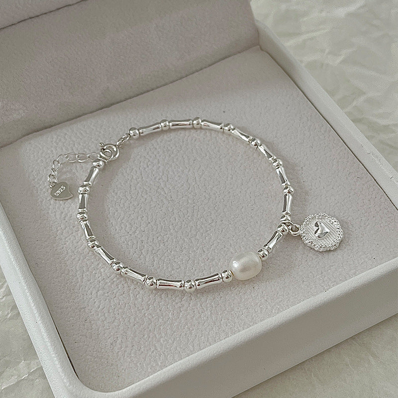 S925 Sterling Silver Bamboo Joint Bracelet, Natural Freshwater Pearl Dainty Wrist Chain with Embossed Heart Round Tag Adjustable Extension Chain for Women Minimalist Lucky Jewelry Gift