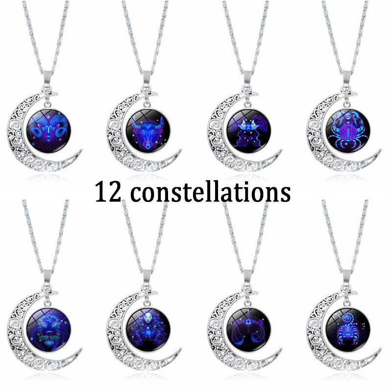 Stainless Steel 12 Constellation Crescent Moon Glass Pendant Necklace noctilucent, Zodiac Sign Time Gem Necklace for man women